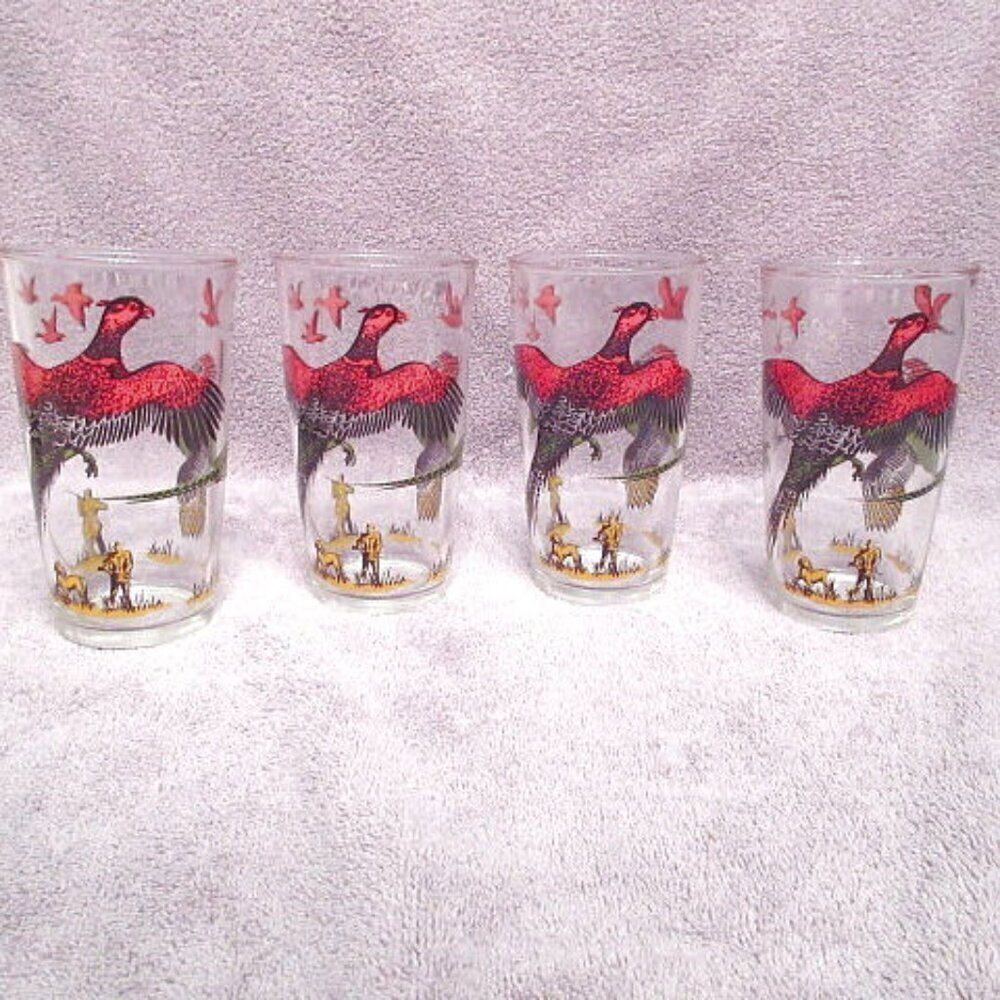 Vtg Hazel Atlas Pheasant Hunting Drinking Glasses Set Of 4 Highball MCM 1950s